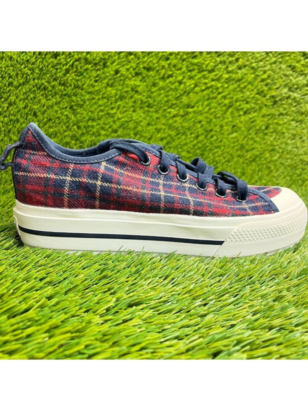 adidas Women's Red Plaid Canvas Athletic Sneakers with Navy Trim